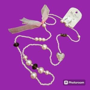 MY STYLE Coquette Pink Glass Pearl Lampwork Heart Necklace Earrings Set